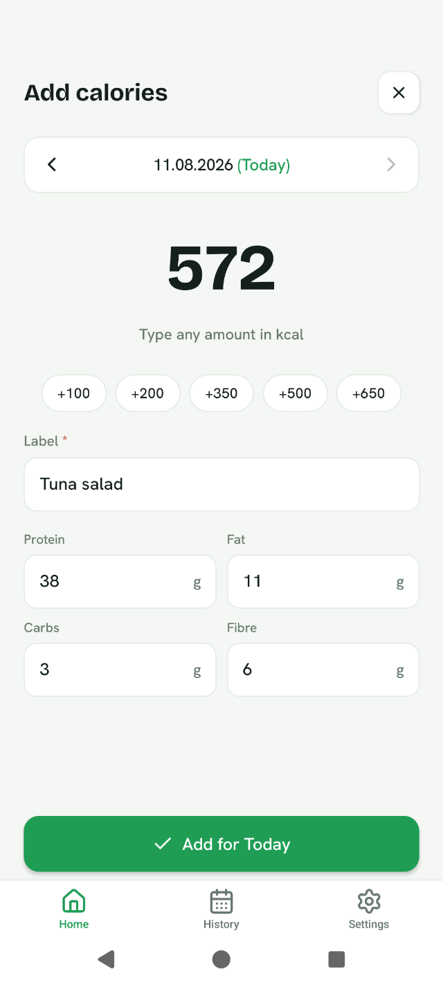 Sevio add calories screen with a large number field, quick add chips and optional macro inputs